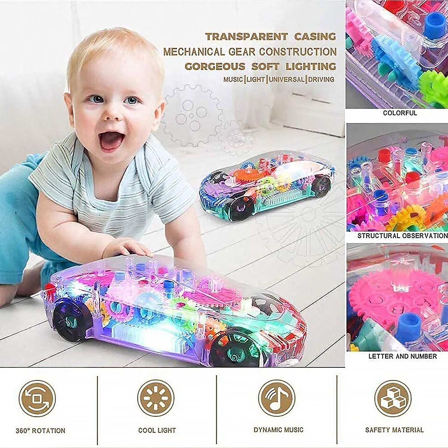 Automatic 360 Degree Rotating Transparent Gear Concept Car with Musical and 3D Flashing Lights Toy for Kids Boys & Girls (Multicolor / Battery Not Included) Automatic 360 Degree Rotating Transparent Gear Concept Car with Musical and 3D Flashing Lights Toy for Kids Boys & Girls (Multicolor / Battery Not Included)